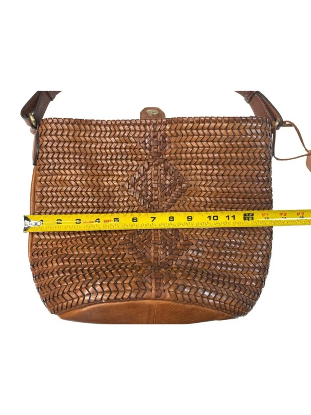 Woven Genuine Leather Brown Shoulder Bag W/Adjustable Strap & Inner Pockets